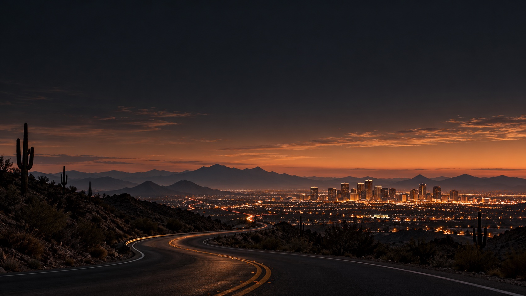 Cinematic concept of a desert road leading toward the Phoenix skyline at dusk