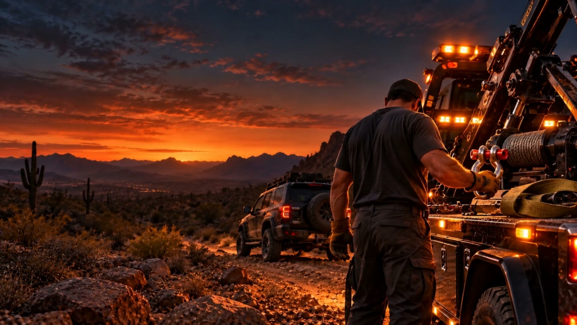 Cinematic concept of a recovery operator preparing equipment on an Arizona trail at dusk