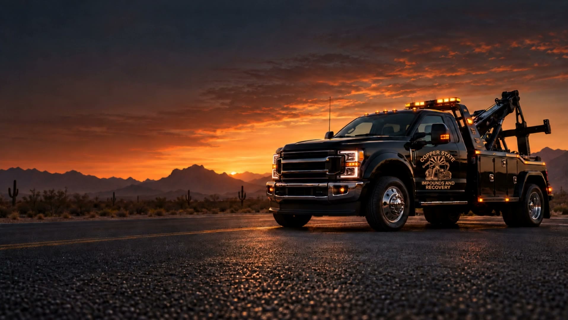 Copper State branded recovery truck illustration with copper door branding against an Arizona sunset